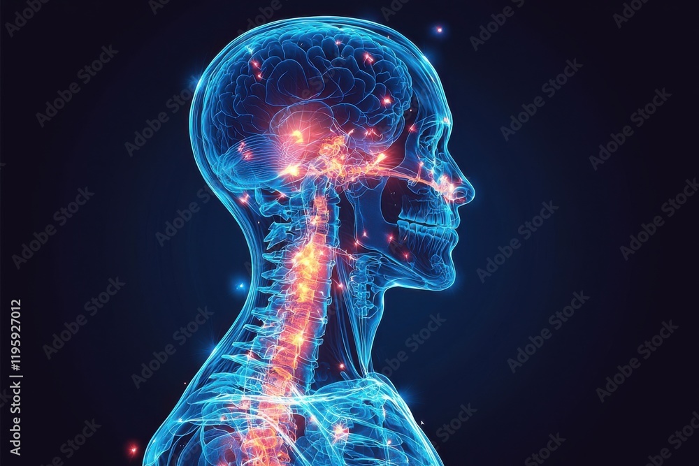 Digital concept of neck pain and inflammation in anatomical illustration Digital concept of neck pain and inflammation in anatomical illustration