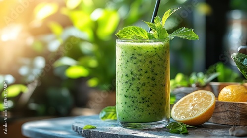 Green smoothie, cafe, sunlight, mint, healthy photo