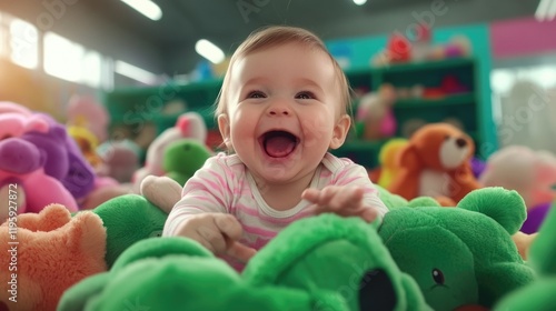 Joyful caucasian baby laughing among colorful plush toys in playroom