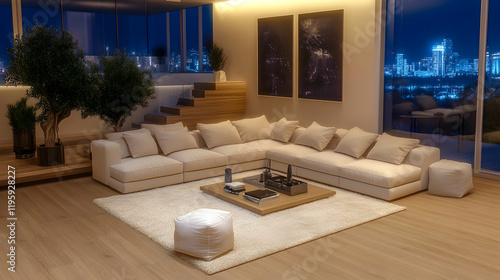 Modern apartment living room at night, overlooking city skyline. Relaxing interior design, ideal for real estate marketing photo