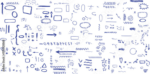 Chalk scribble doodle arrow, line elements set. Crayon arrow, underline, handwritten mark check