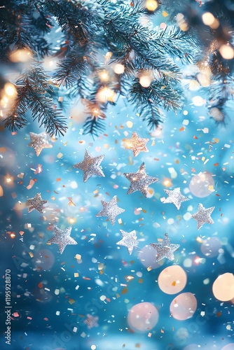 Star-shaped silver confetti falling in winter wonderland, festive atmosphere, magical lighting photo