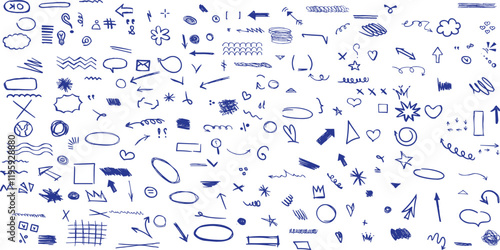 Chalk scribble doodle arrow, line elements set. Crayon arrow, underline, handwritten mark check