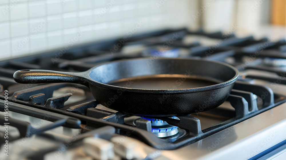 A cast iron skillet sits on a modern gas burner with a bright, clean kitchen stove in the background, space for a caption on the side with a blurred focus on the surrounding area
A cast iron skillet sits on a modern gas burner with a bright, clean kitchen stove in the background, space for a caption on the side with a blurred focus on the surrounding area