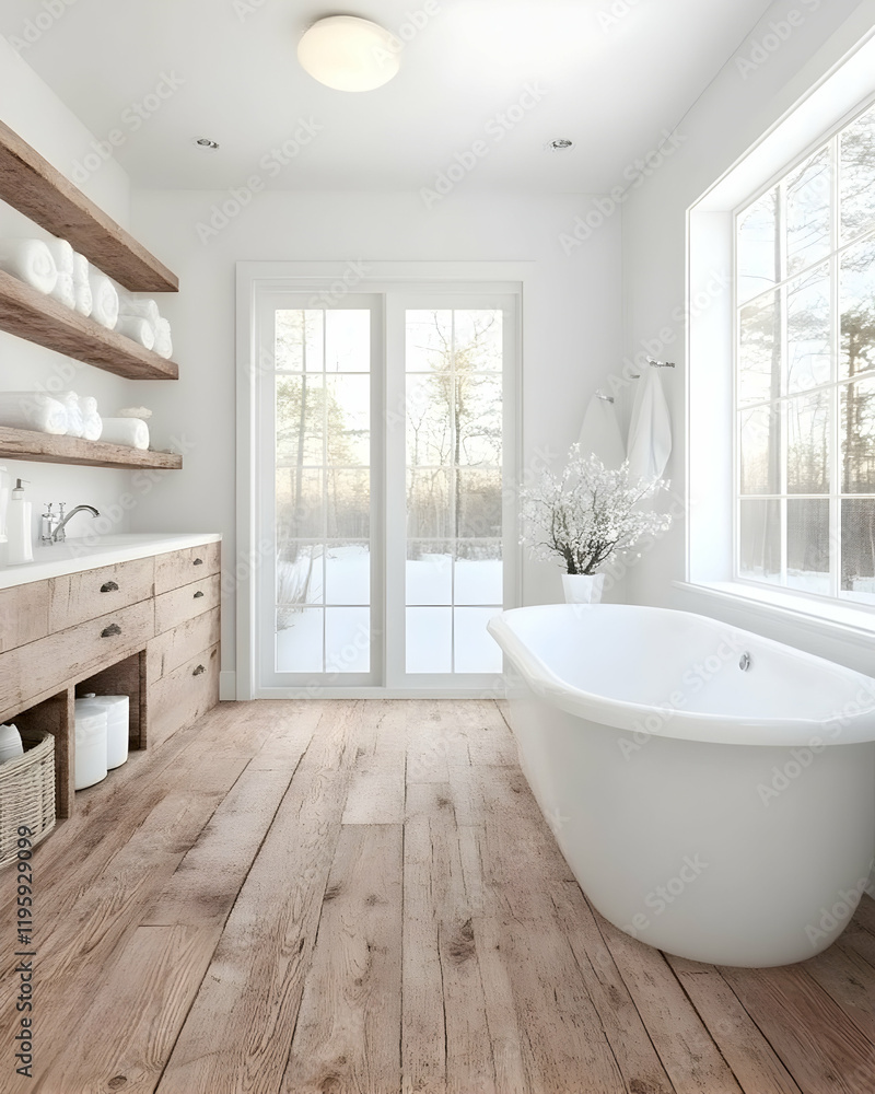 Modern bathroom design, featuring a freestanding tub, wooden floors, and natural light from a window and glass door to a snowy backyard; ideal for interior design websites Modern bathroom design, featuring a freestanding tub, wooden floors, and natural light from a window and glass door to a snowy backyard; ideal for interior design websites
