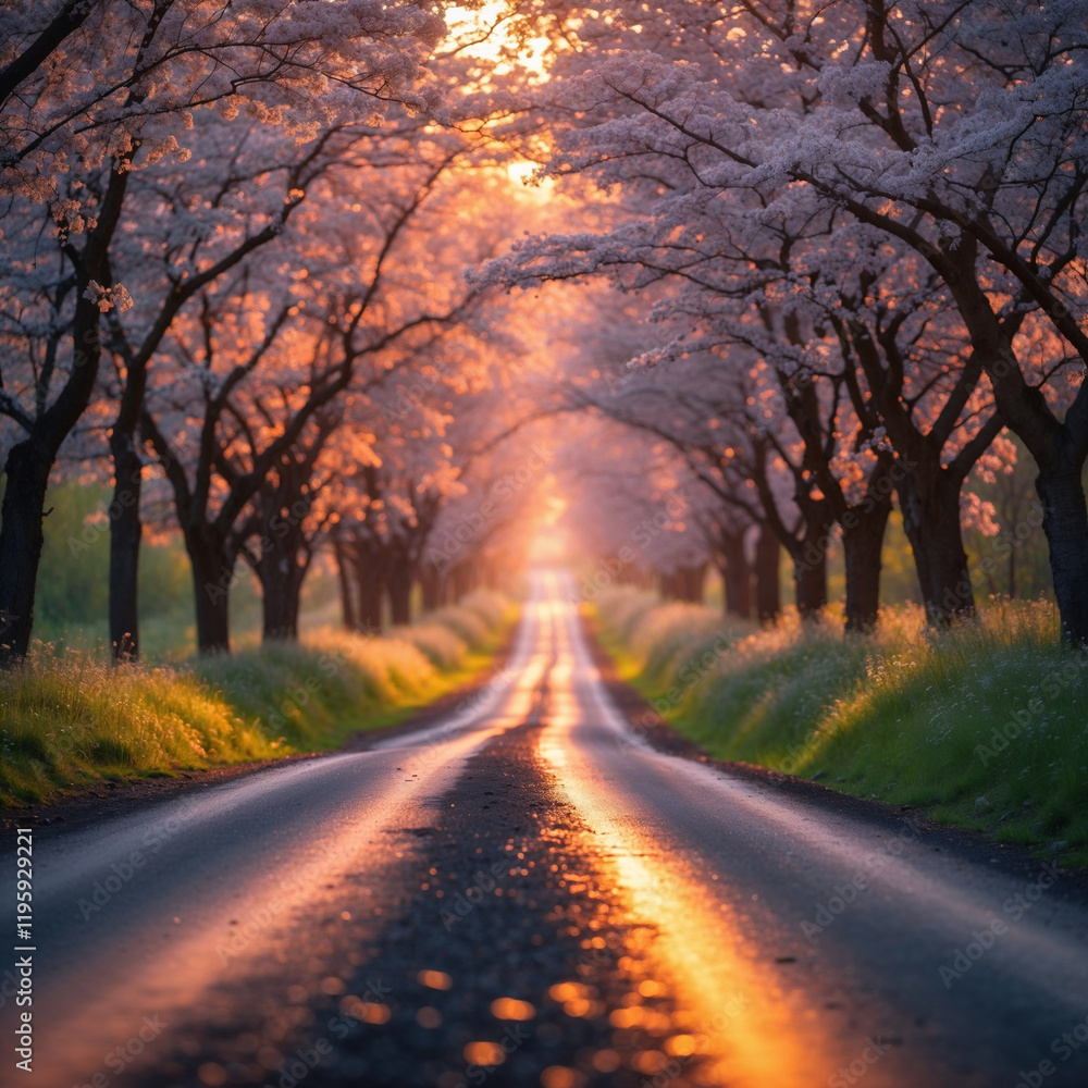 Warm summer scene: winding road and flowering trees. Warm summer scene: winding road and flowering trees.
