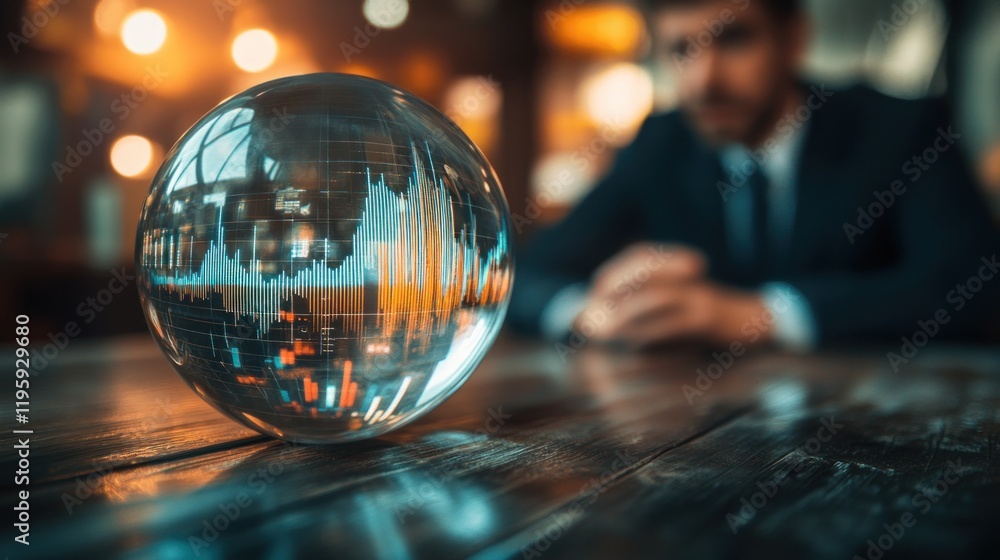 Crystal ball showing stock market graph, businessman in background. Crystal ball showing stock market graph, businessman in background.