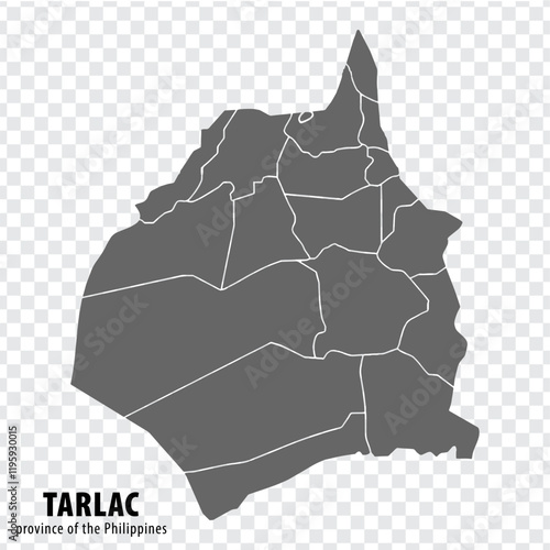 Blank map Tarlac of Philippines. High quality map Province of Tarlac with districts on transparent background for your web site design, logo, app, UI.  Republic of the Philippines.  EPS10.