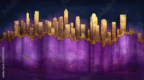 Golden City Skyline at Night with Purple Abstract Background photo