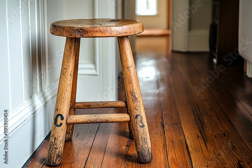 Minimalist photo of a rustic wooden stool with visible scuffs placed in a bright hallway photo