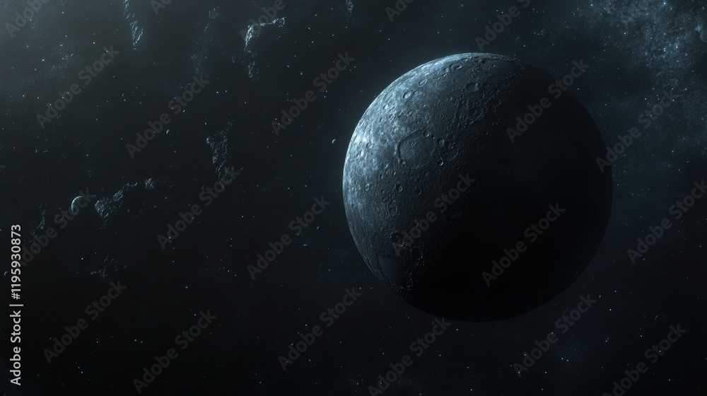 Dark Cratered Planet In Distant Starfield Dark Cratered Planet In Distant Starfield