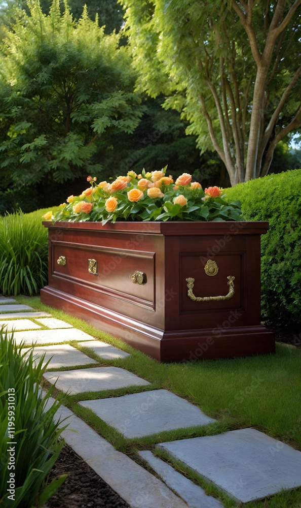 Elegant garden coffin surrounded by flowers and tranquil light. Elegant garden coffin surrounded by flowers and tranquil light.