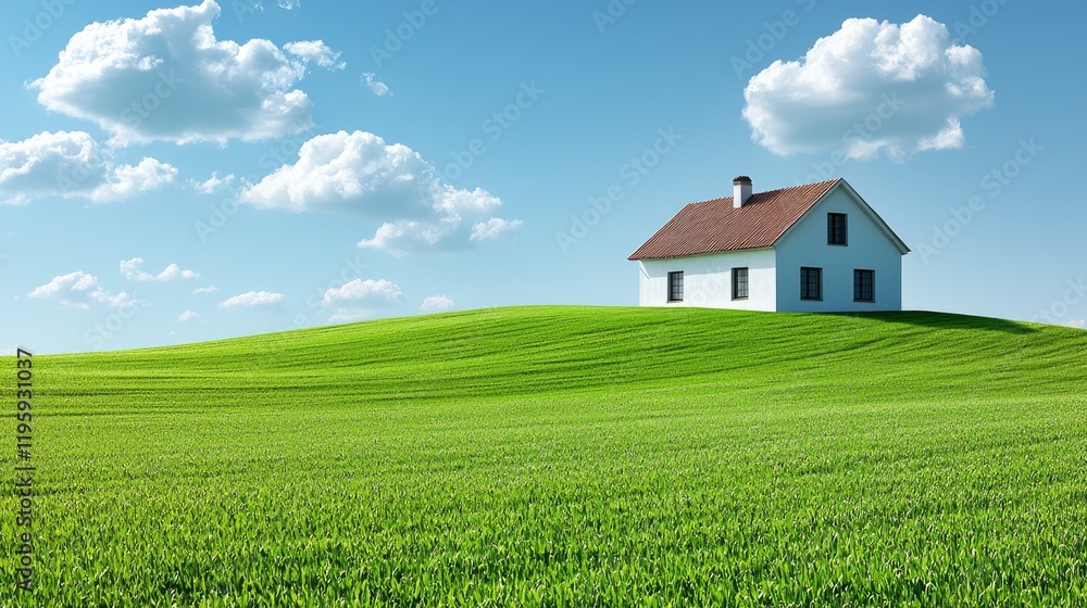 White House on Lush Green Rolling Hill Under Blue Sky White House on Lush Green Rolling Hill Under Blue Sky