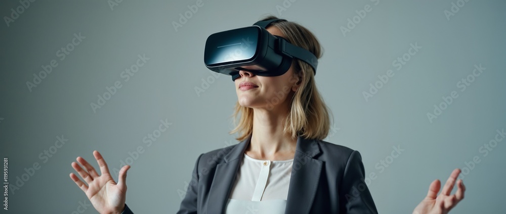 A professional woman engaging with a virtual reality headset, gesturing innovatively in a modern setting.
A professional woman engaging with a virtual reality headset, gesturing innovatively in a modern setting.