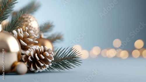 Elegant Christmas scene with golden baubles and pine cones set against a soft blue background, accented by subtle bokeh lights. photo