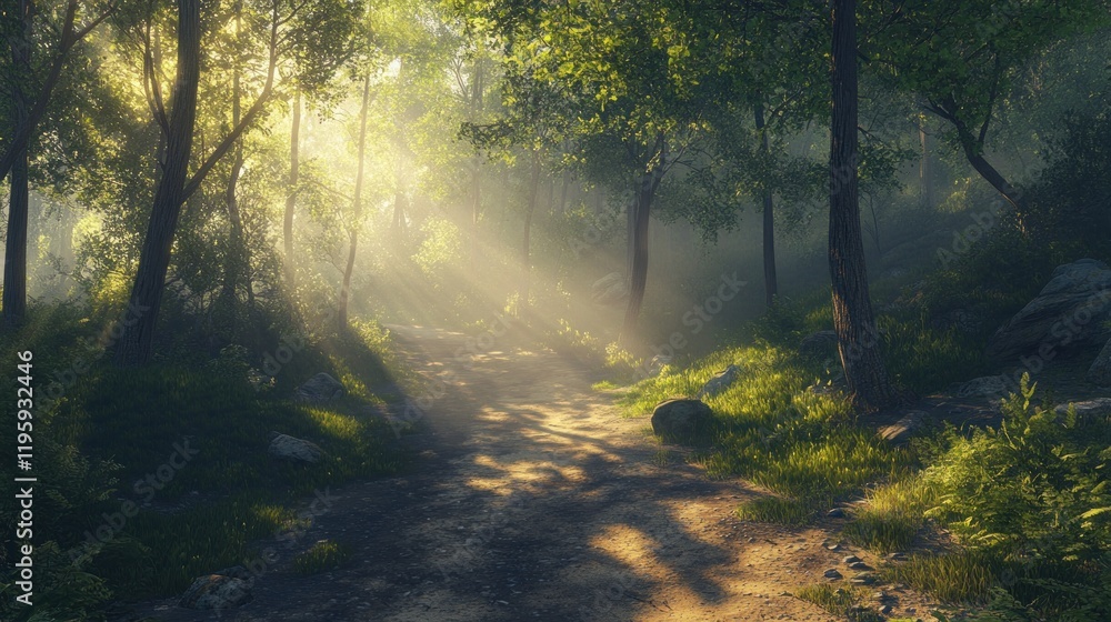 Fototapeta premium Sunlight filters through the dense forest canopy onto a path leading through the woods
