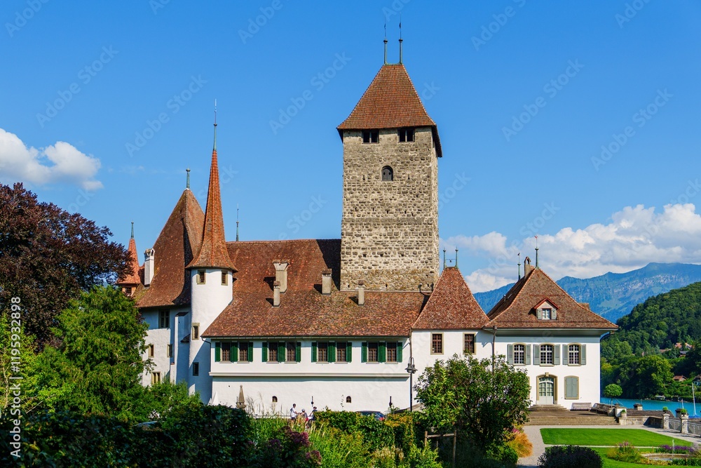 Schloss Spiez, located on a small island in Lake Geneva near Veytaux, Vaud, Switzerland, is a popular tourist destination and one of the most visited castles in Switzerland. Schloss Spiez, located on a small island in Lake Geneva near Veytaux, Vaud, Switzerland, is a popular tourist destination and one of the most visited castles in Switzerland.