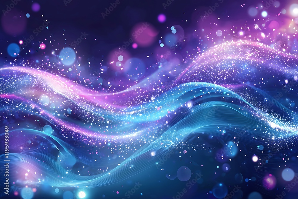 Fototapeta premium Abstract blue and purple light wavy shapes with glowing retro waves