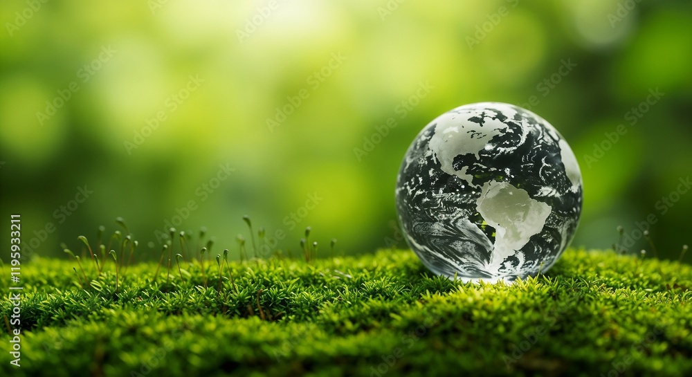 Glass globe symbolizing Earth placed on lush green moss, conveying environmental care and sustainability.
Glass globe symbolizing Earth placed on lush green moss, conveying environmental care and sustainability.