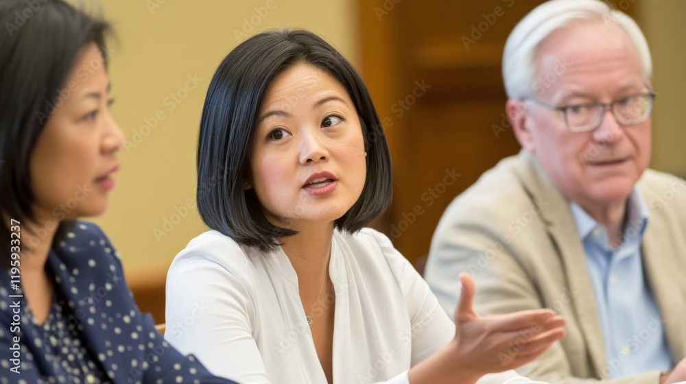 Three people are sitting at a table, one of them is a woman with short hair. The woman is talking to the other two people, and they are all wearing glasses. Scene is serious and focused Three people are sitting at a table, one of them is a woman with short hair. The woman is talking to the other two people, and they are all wearing glasses. Scene is serious and focused