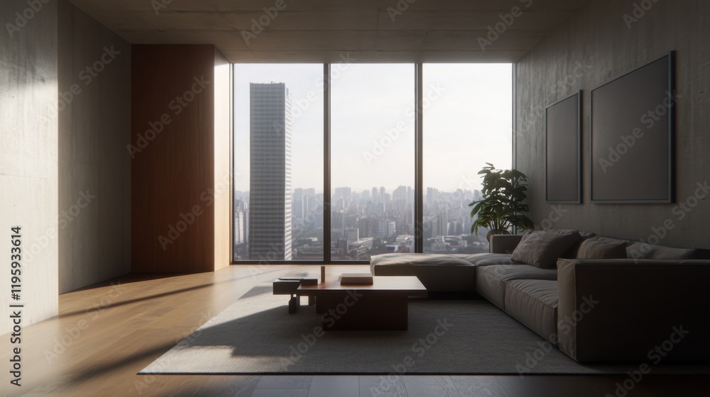 Fototapeta premium A modern living room with a sleek design, featuring a large window offering a cityscape view, a comfortable sectional sofa, and minimalist decor.