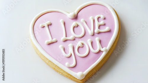 Heart-shaped icing cookie: A close-up, vibrant photo of a heart-shaped icing cookie with the words "I LOVE YOU" written in delicate icing lettering