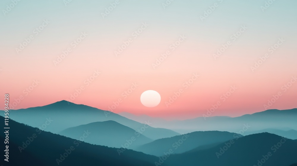 Fototapeta premium A serene sunset over layered mountain ridges, showcasing a gradient sky that transitions from pink to blue, evoking a calm, cinematic atmosphere.