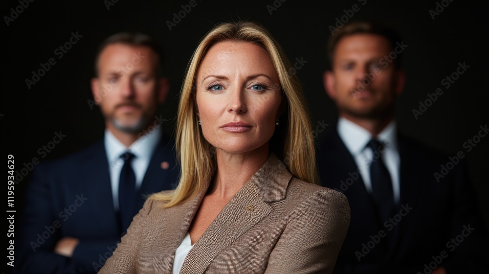 A confident woman stands in front of two men in business attire, symbolizing leadership and unity. The background is dark with a professional focus. A confident woman stands in front of two men in business attire, symbolizing leadership and unity. The background is dark with a professional focus.