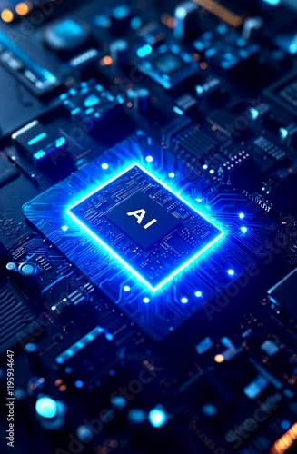AI chip on glowing blue pcb. Artificial intelligence microchip. AI chipset on circuit board. Future technology, neuronal network and AI concept.