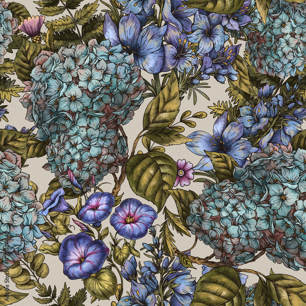 Obraz premium Vintage Botanical Blue Flowers Seamless Pattern, Ferns and Moths