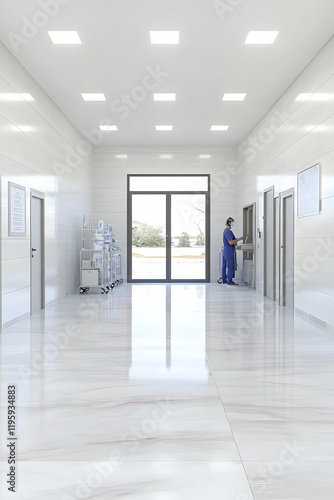 Modern hospital corridor, medical staff using a control panel, bright lighting, serene background, for healthcare design brochures photo