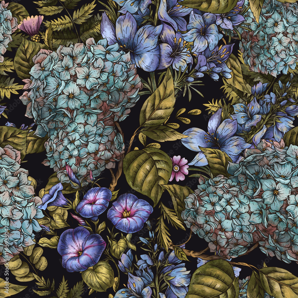Obraz premium Vintage Botanical Blue Flowers Seamless Pattern, Ferns and Moths