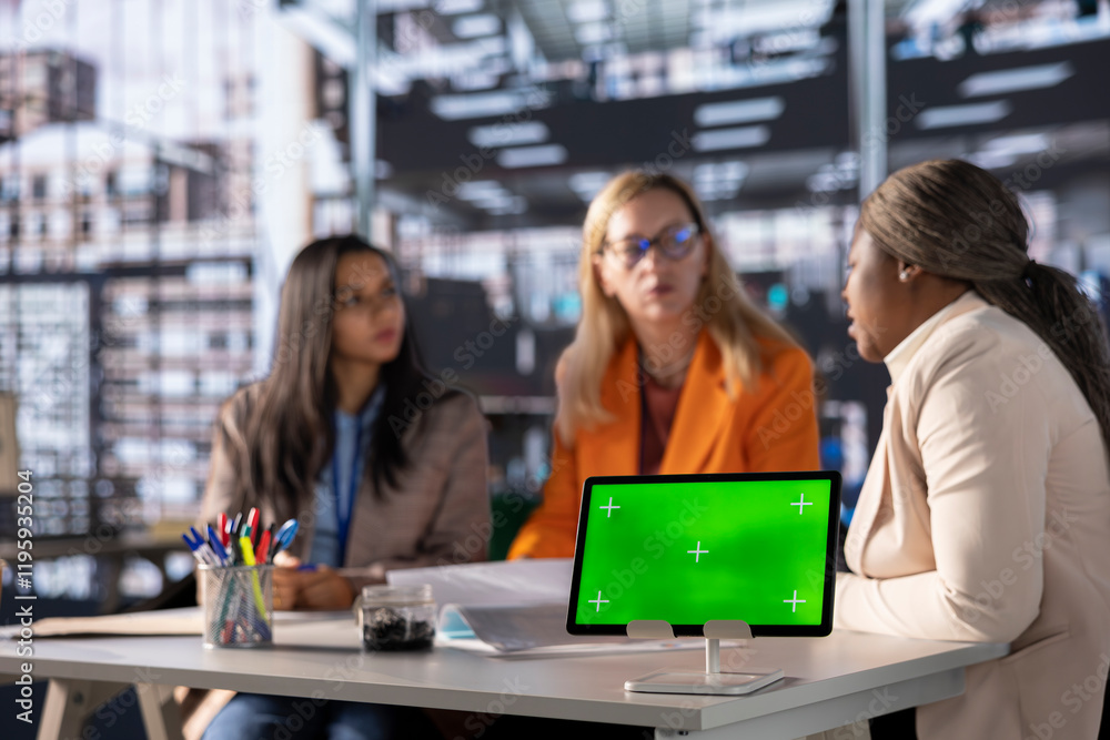 Group of multiethnic women working hard to prove themselves next to chroma key, fighting for success in a men dominated business industry. Diverse colleagues ensuring firm expansion. Group of multiethnic women working hard to prove themselves next to chroma key, fighting for success in a men dominated business industry. Diverse colleagues ensuring firm expansion.