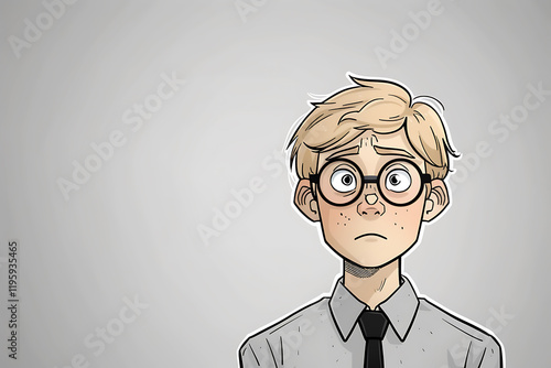 stereotypical nerd professor, a nerdy-looking blonde male professor, with thin face and wire glasses, wearing a tie and sporting slight stubble, looks annoyed in a minimalist black and white cartoon photo