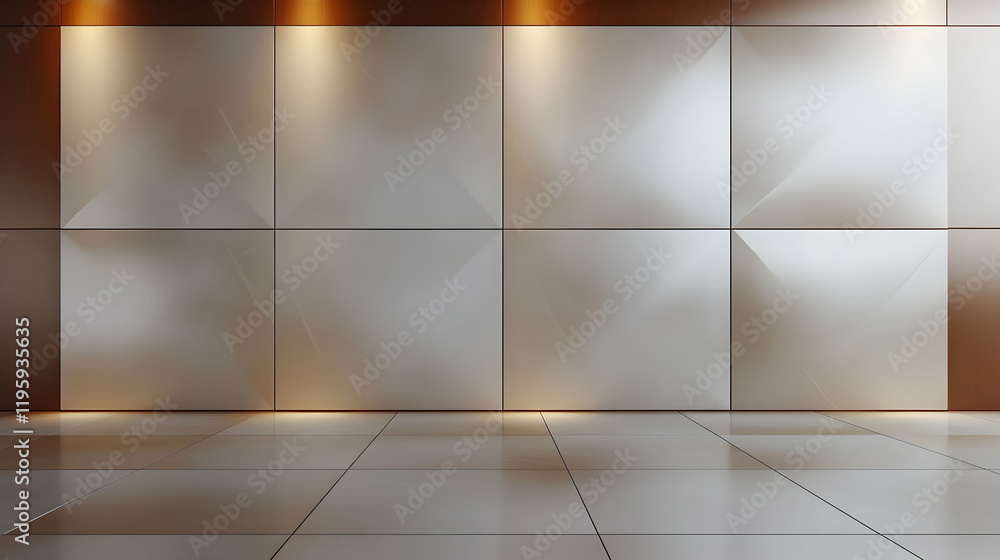 Modern interior wall design, geometric panels, illuminated, empty room, background for product display Modern interior wall design, geometric panels, illuminated, empty room, background for product display