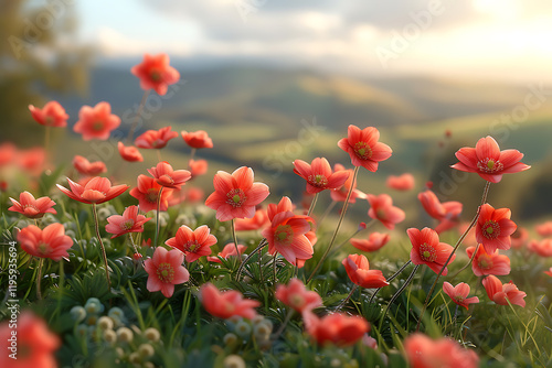 floral artistic rendering, a lifelike d depiction of blooming red anemones, with sharp foreground details and a dreamy bokeh effect in the background rich red hues contrast with lush green, enhanced photo