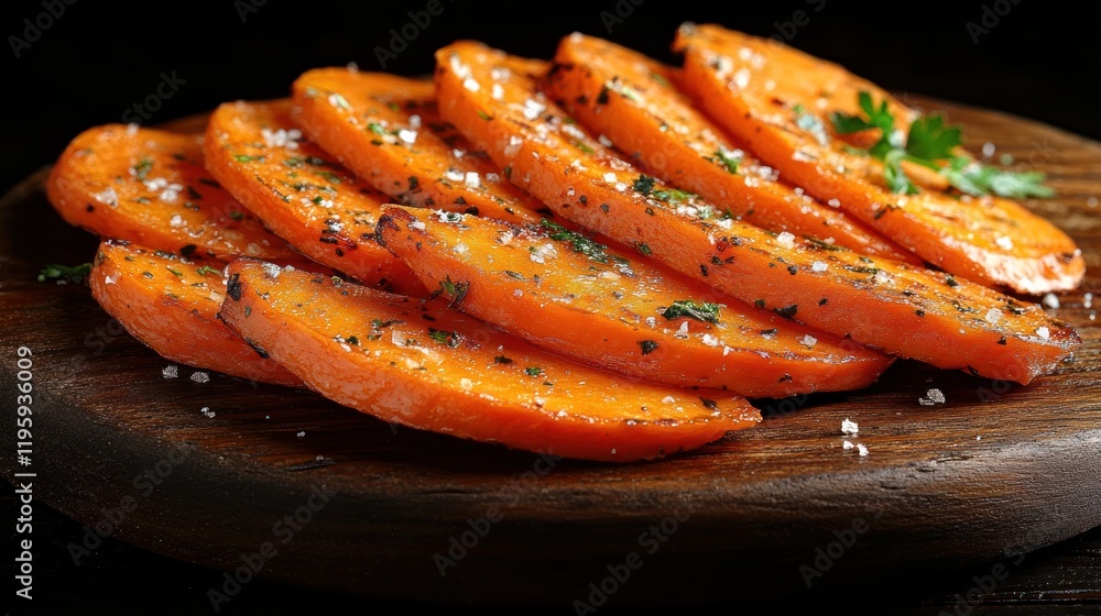Roasted sweet potato slices on wood board, dark background, food photography, recipe Roasted sweet potato slices on wood board, dark background, food photography, recipe