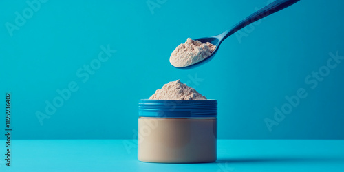 Spoon lifting protein powder from a jar on a vibrant turquoise background photo