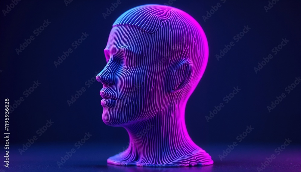 Obraz premium A modern art depiction of a classical bust, illuminated by vibrant purple and blue neon lighting effect.