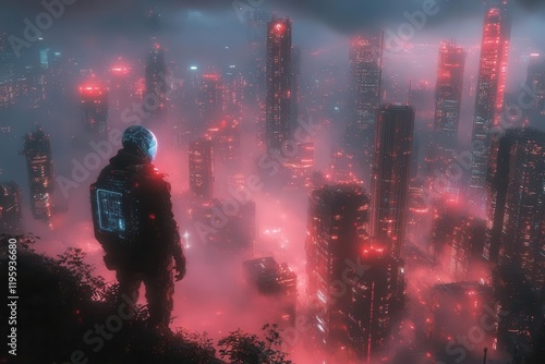 a neonsoaked urban warrior in holographic armor traverses a vertical megacity bioluminescent plants intertwining with chrome skyscrapers volumetric fog cinematic lighting photo