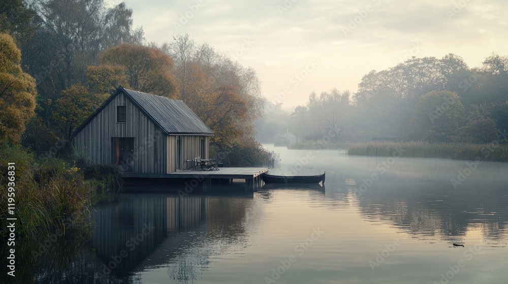 Misty autumn morning, lake house reflection. Misty autumn morning, lake house reflection.