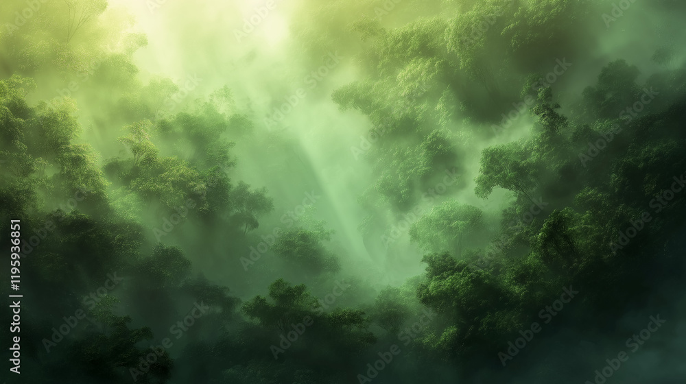An ethereal aerial view of a lush, dense green forest blanketed by a mystical fog that weaves through the towering trees, creating a dreamlike atmosphere. An ethereal aerial view of a lush, dense green forest blanketed by a mystical fog that weaves through the towering trees, creating a dreamlike atmosphere.