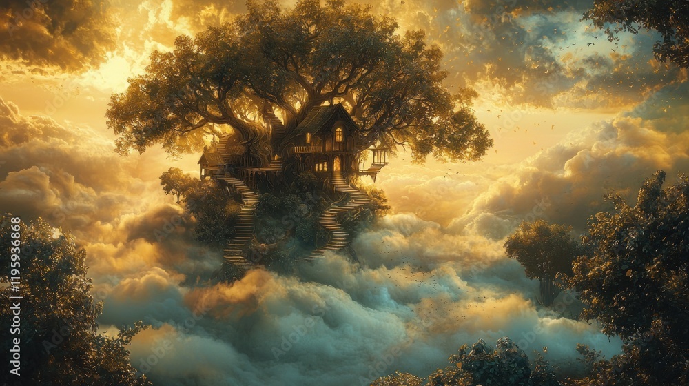 Naklejka premium Enchanting treehouse nestled in dreamy cloudscape at sunset.
