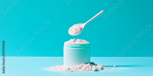 Spoon lifting protein powder from a container on a light blue background photo