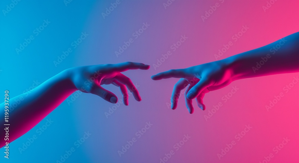 Fototapeta premium Two Hands Reaching Out in Artistic Neon Blue and Pink Lighting