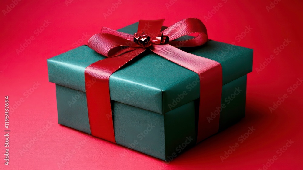 Fototapeta premium Teal gift box with red ribbon and bow on red background.