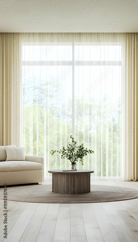 Fototapeta premium Modern living room interior design, featuring a beige sofa and coffee table with greenery, large window overlooking a lush green landscape, ideal for home decor and real estate websites