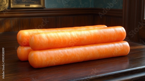 Stacked carrots, wooden table, study, sunlight, food photo