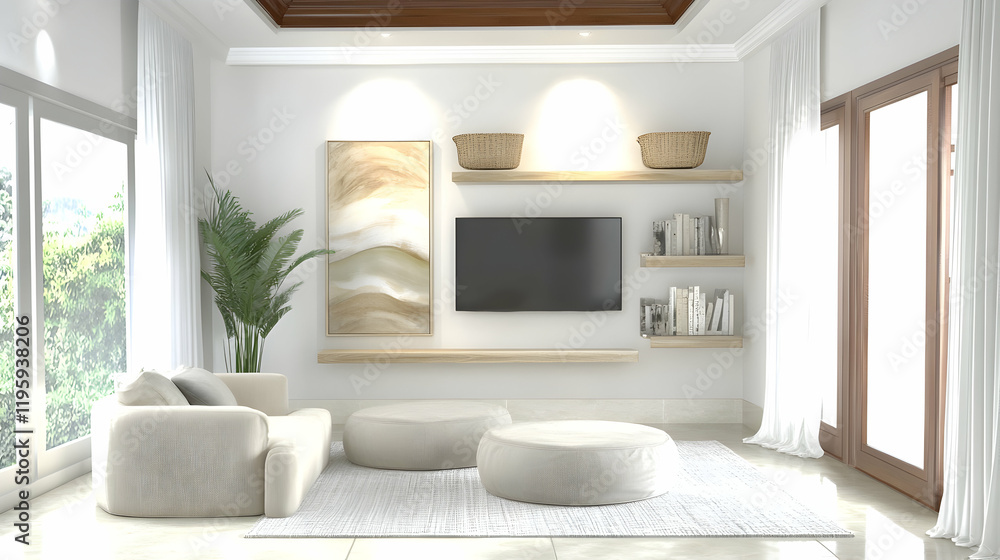Fototapeta premium Modern living room interior design, featuring beige furniture, a large TV, and natural light, showcasing calm and minimalist aesthetics for home decor inspiration
