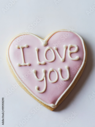 Heart-shaped icing cookie: A close-up, vibrant photo of a heart-shaped icing cookie with the words "I LOVE YOU" written in delicate icing lettering